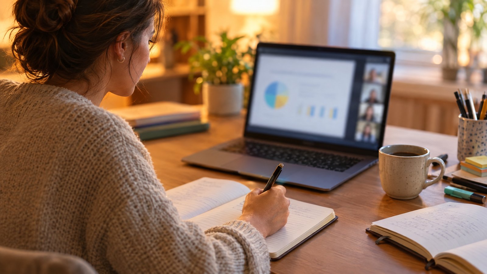 Bir kişi dizüstü bilgisayarda canlı webinara katılıp not alıyor