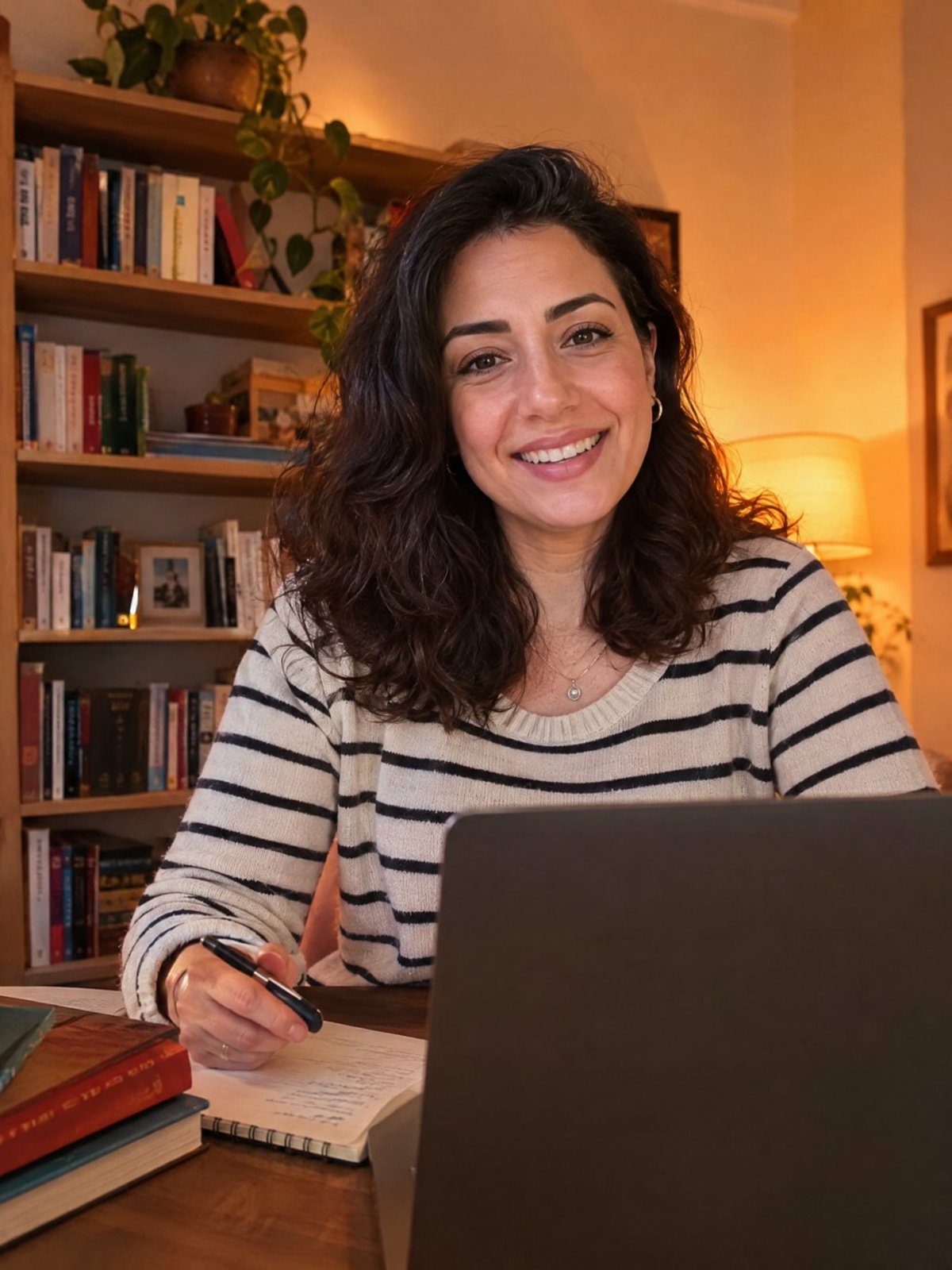 Online ders veren bir öğretmen, dizüstü bilgisayar başında gülümsüyor
