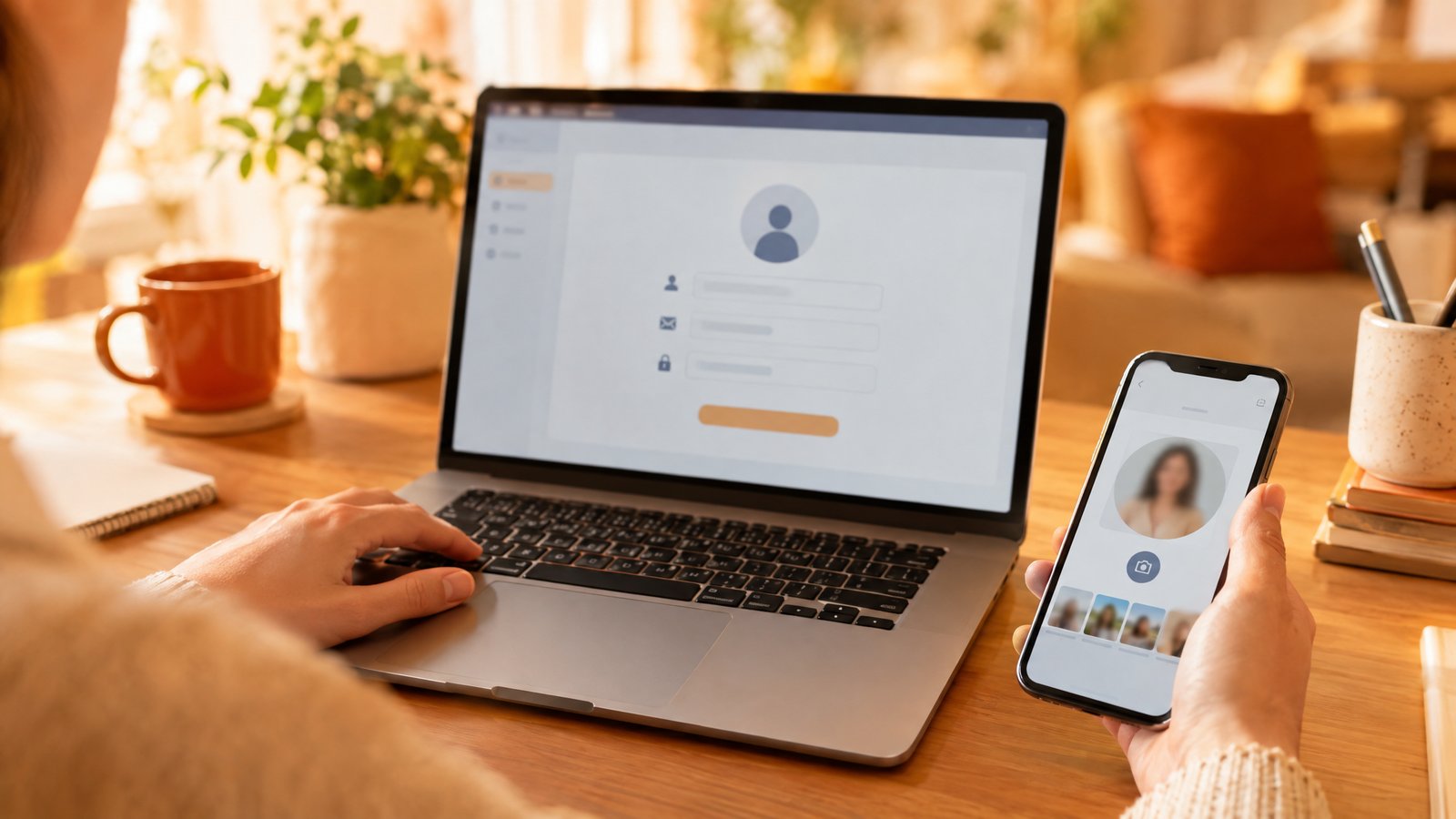 Öğretmen profilini oluşturuyor, laptop ve telefonla bilgi giriyor