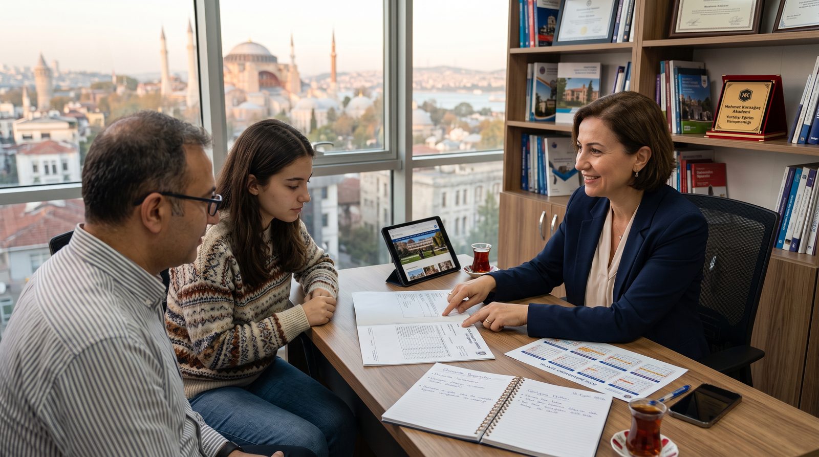 Danışman ofisinde baba ve lise öğrencisi kızıyla yüz yüze görüşme; masada transkript, takvim ve not defteri