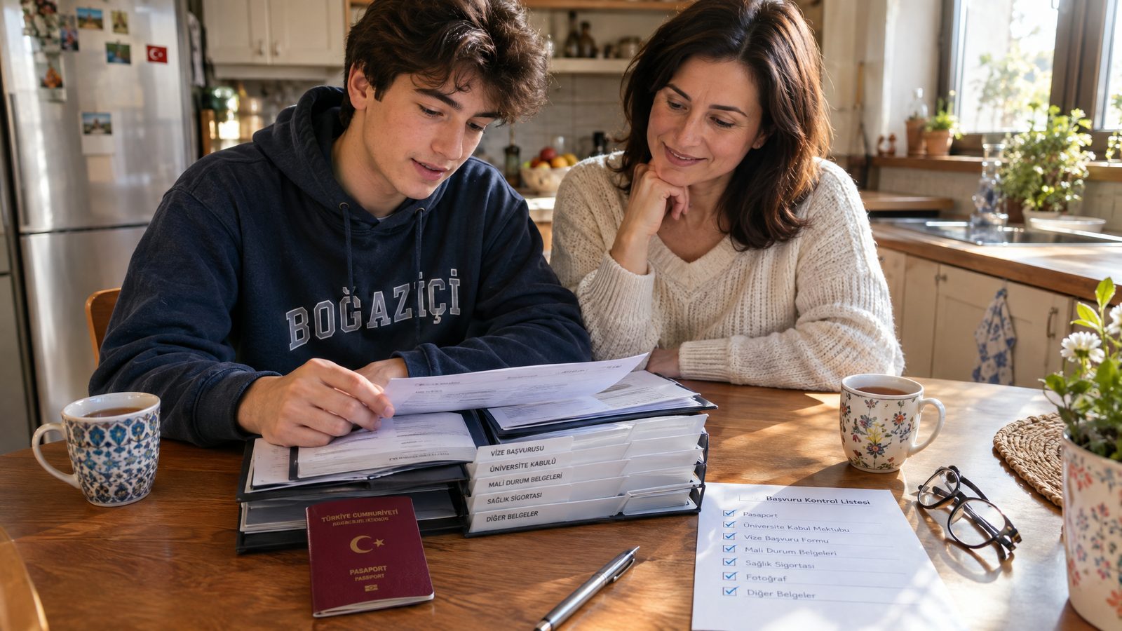 Mutfak masasında anne ve oğlu; pasaport, etiketli belge dosyaları ve işaretlenmiş başvuru kontrol listesi