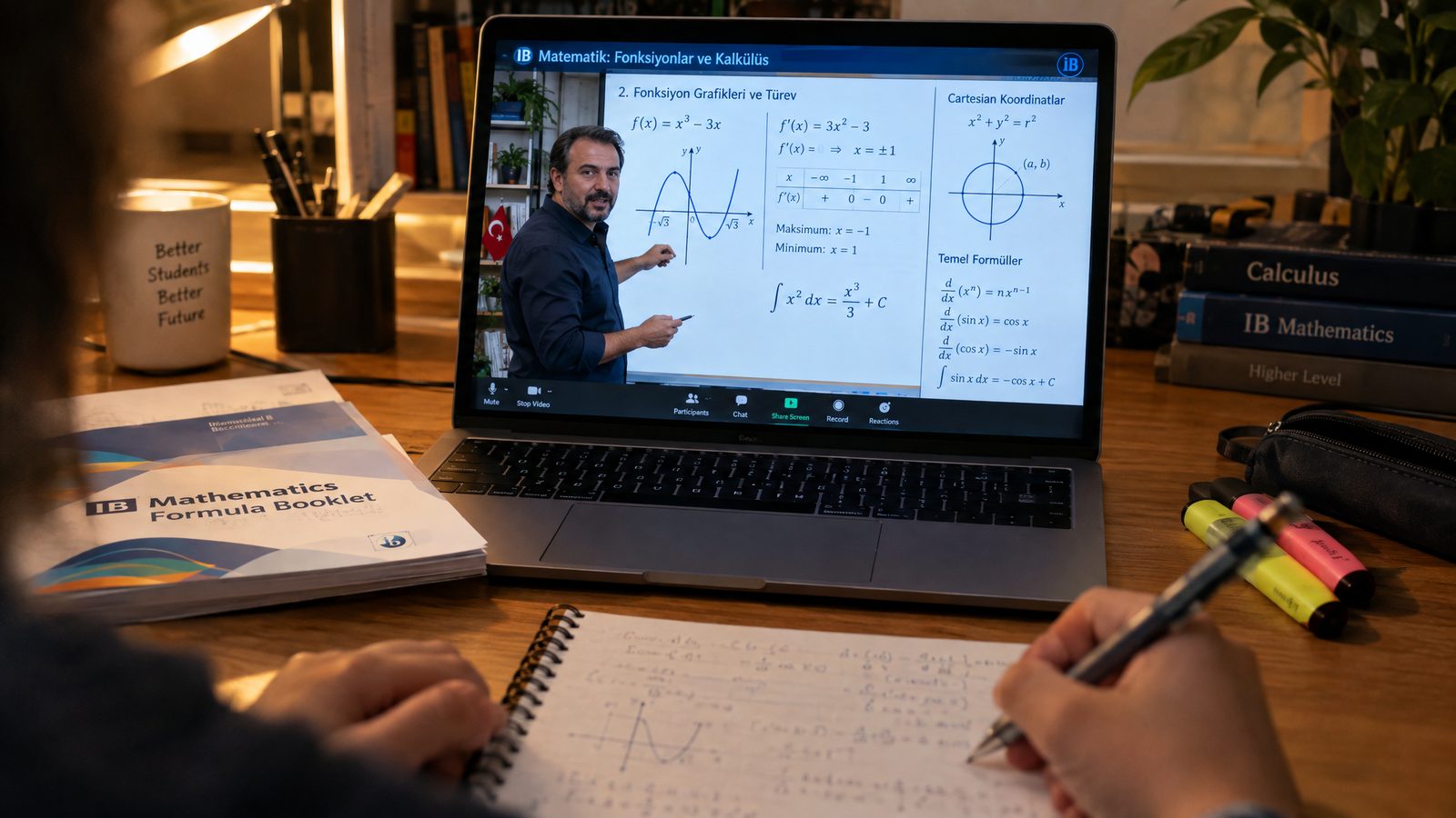 Öğrencinin ekranından: öğretmen dijital tahtada IB matematik fonksiyon grafiğini ve türevini anlatıyor