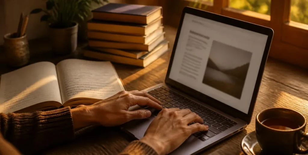 Masasında blog yazısı yazan öğretmen